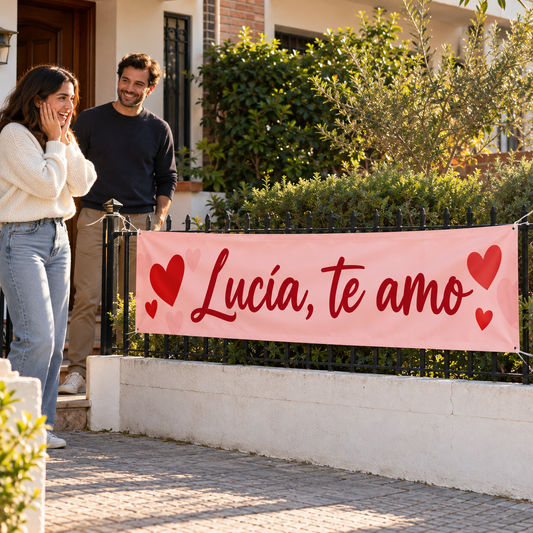 Mujer adulta con las manos en la cara al ver el pasacalle Lucía, te amo frente a su casa.
