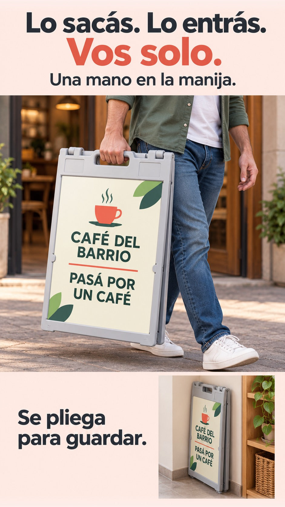 Imagen conceptual de una persona adulta transportando con una mano la pizarra de piso plegada por su manija moldeada, junto a una vista del caballete guardado.