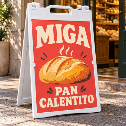Imagen conceptual de un caballete plástico blanco abierto en la vereda de una panadería, con el afiche coral de la marca ficticia Miga y el mensaje Pan calentito impreso.