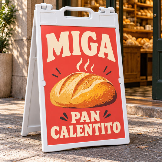 Imagen conceptual de un caballete plástico blanco abierto en la vereda de una panadería, con el afiche coral de la marca ficticia Miga y el mensaje Pan calentito impreso.