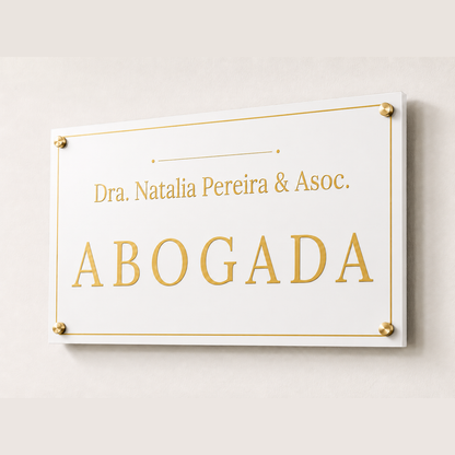Placa profesional acrilico blanca con letras oro - abogada