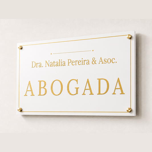 Placa profesional acrilico blanca con letras oro - abogada