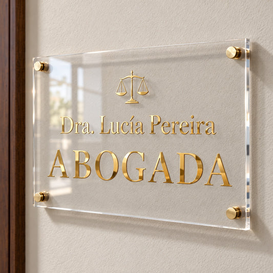 Imagen conceptual de una placa profesional de acrílico transparente, con letras en terminación espejo oro para la abogada ficticia Dra. Lucía Pereira, montada en una pared clara con cuatro separadores dorados y efecto flotante.