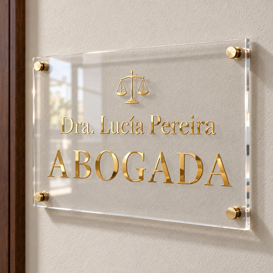 Imagen conceptual de una placa profesional de acrílico transparente, con letras en terminación espejo oro para la abogada ficticia Dra. Lucía Pereira, montada en una pared clara con cuatro separadores dorados y efecto flotante.