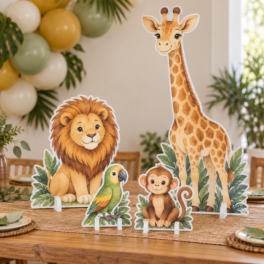 Kit de cuatro figuras rígidas recortadas con temática de selva sobre una mesa de cumpleaños: jirafa grande, león mediano, loro y mono pequeños.