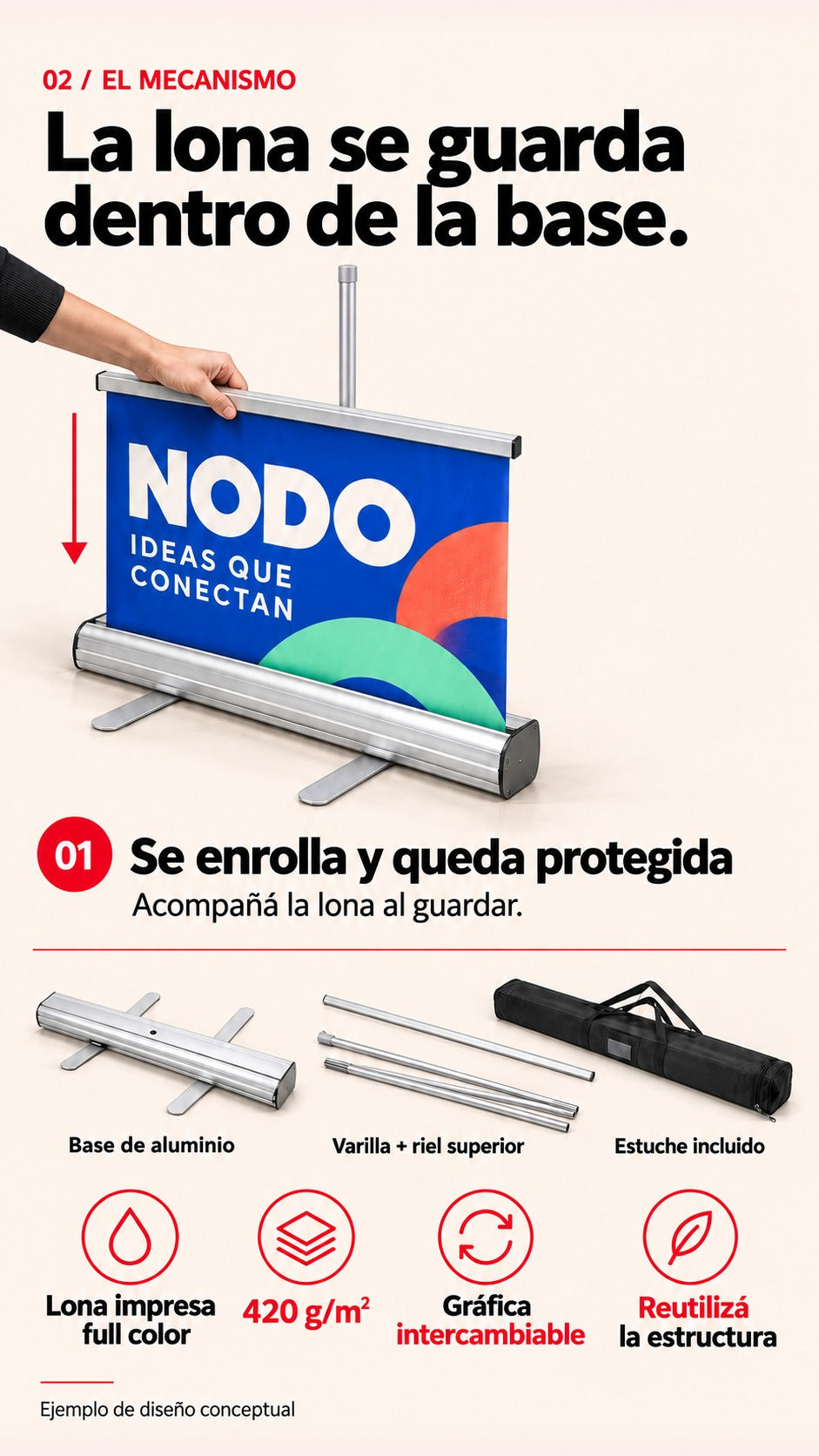 Imagen conceptual de un mecanismo retráctil de un Roll Up: una mano acompaña la lona hacia la base de aluminio. Varilla, riel y estuche incluidos; lona full color de 420 g/m², gráfica intercambiable y estructura reutilizable.