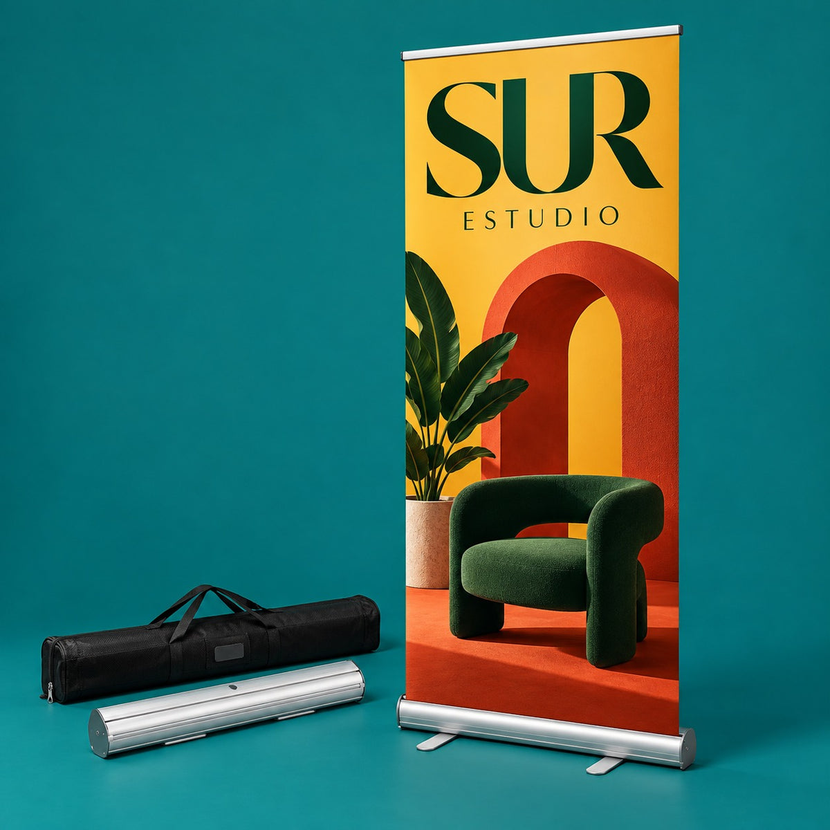 Imagen conceptual de un Roll Up con diseño ficticio SUR Estudio, lona amarilla impresa con una escena de interiorismo, base de aluminio y pies desplegados sobre fondo verde azulado. A su lado, bolso negro y una vista alternativa de la base cerrada. Sin texto sobrepuesto; diseño distinto al de las infografías.