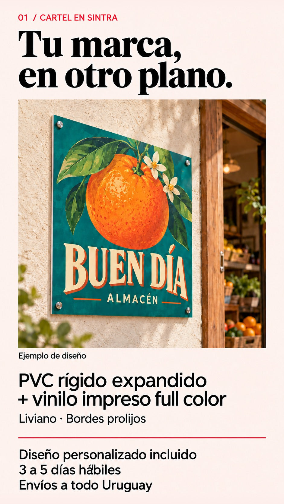 Imagen conceptual de un Cartel en Sintra con diseño conceptual de almacén, impreso full color y fijado a pared. PVC rígido expandido, diseño incluido, plazo de 3 a 5 días hábiles y envíos a todo Uruguay.