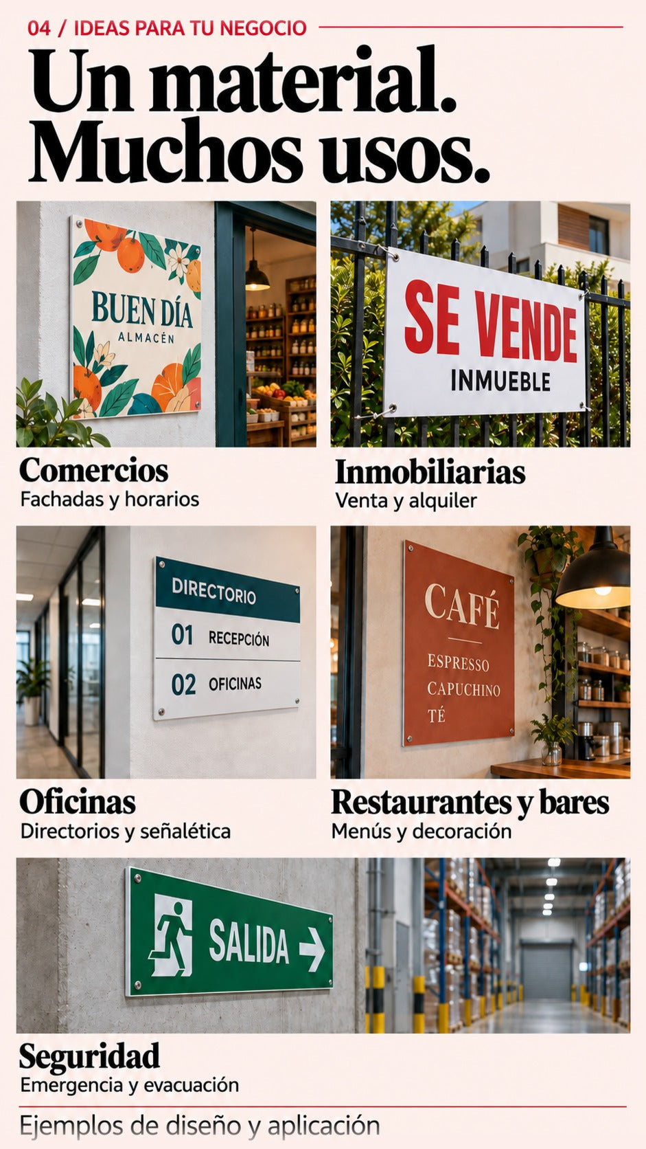Imagen conceptual de cinco aplicaciones del Cartel en Sintra: comercios, inmobiliarias, oficinas, restaurantes y bares, y señalización de seguridad.