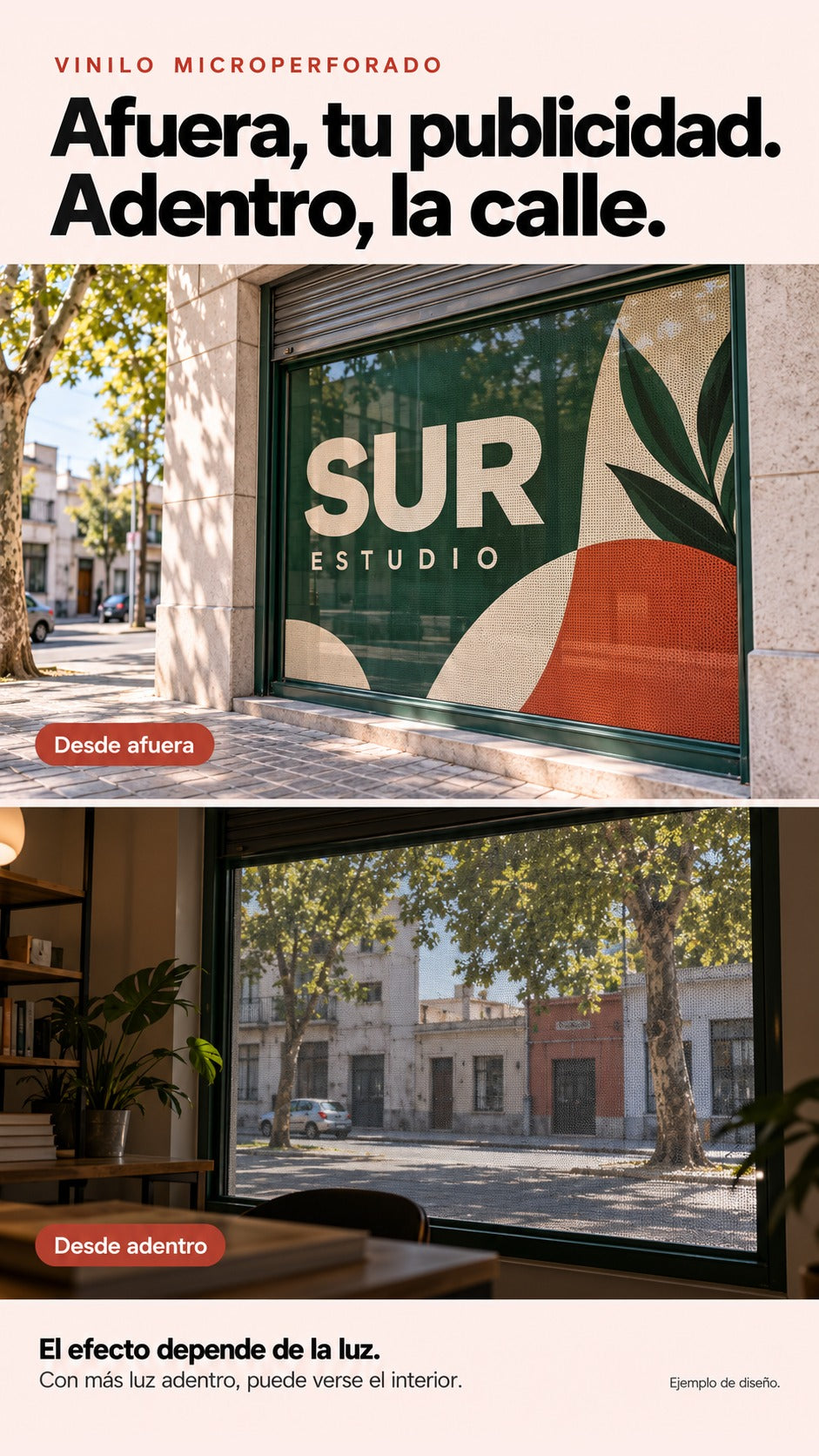 Comparación fotorrealista generada de una vidriera con vinilo microperforado: gráfica exterior y vista interior hacia una calle de Montevideo, con aclaración sobre iluminación.