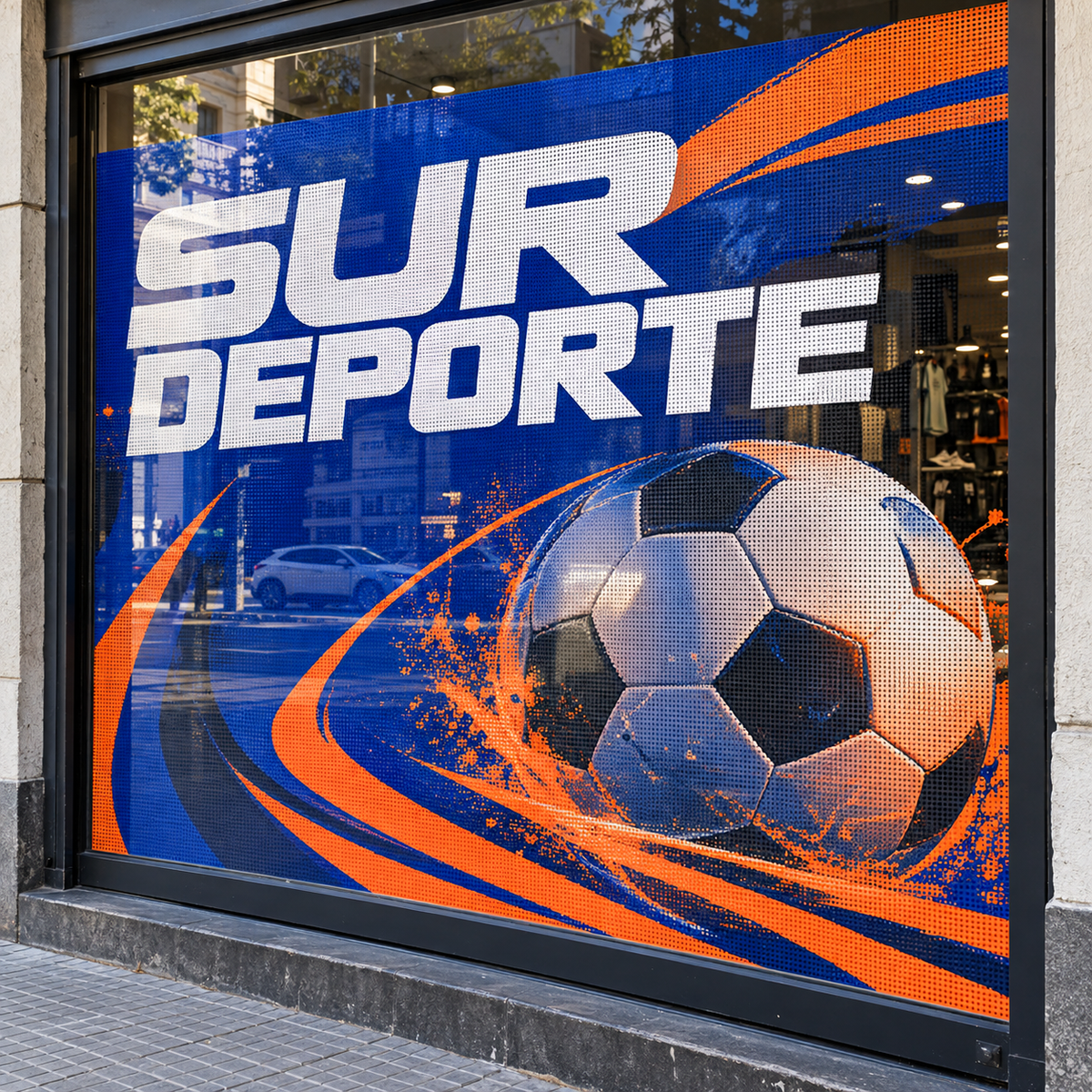 Imagen conceptual de vinilo microperforado a todo color sobre una vidriera deportiva ficticia SUR DEPORTE.