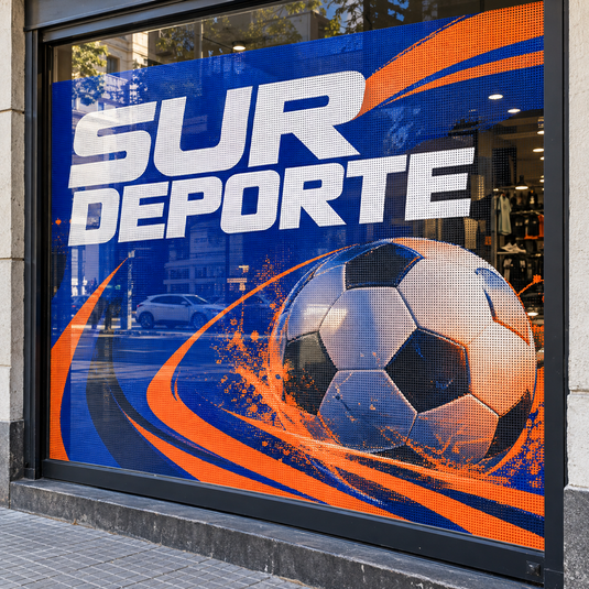 Imagen conceptual de vinilo microperforado a todo color sobre una vidriera deportiva ficticia SUR DEPORTE.