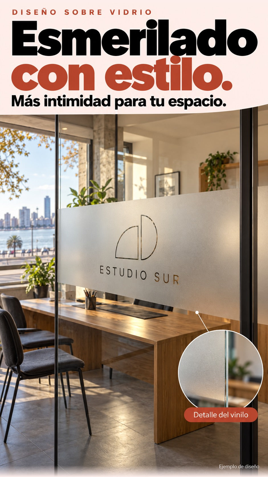 Oficina generada con banda de vinilo esmerilado sobre vidrio, logotipo ficticio y detalle ampliado.