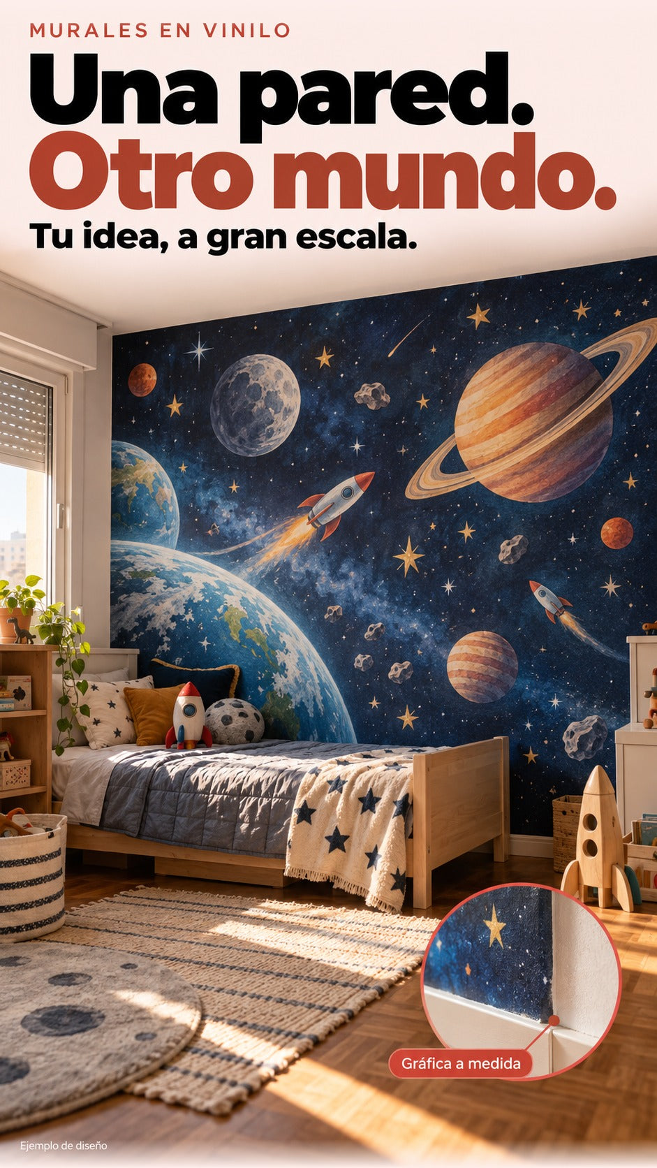 Dormitorio infantil generado con mural espacial original en vinilo, sin personajes licenciados ni personas.