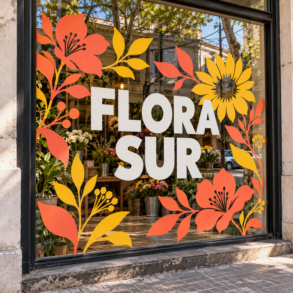 Imagen conceptual de letras y flores de vinilo de corte adheridas a una vidriera ficticia FLORA SUR con reflejos de la calle.