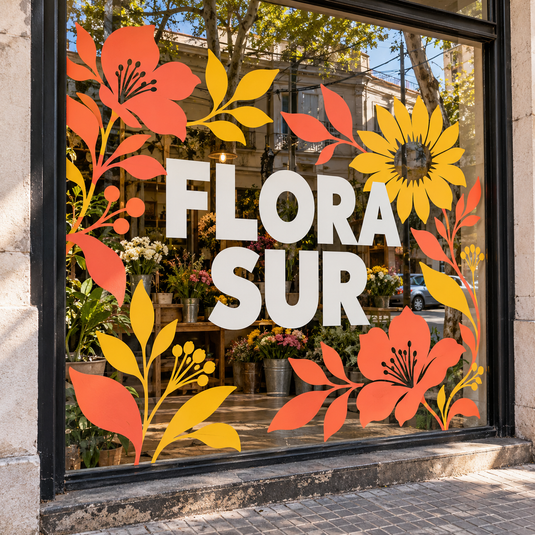 Imagen conceptual de letras y flores de vinilo de corte adheridas a una vidriera ficticia FLORA SUR con reflejos de la calle.
