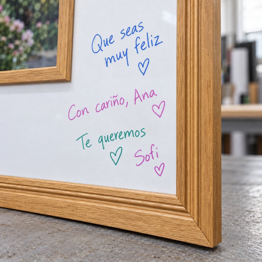 Esquina del mural de firmas con marco de madera y mensajes escritos en el espacio blanco